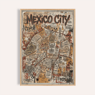 Framed Mexico Map Poster in street-art style with brown and grey tones leaning on a grey surface