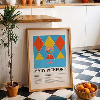 Pictures for Kitchen leaning print of a Mary Pickford cocktail with a blue background and geometric shapes on a tiled floor