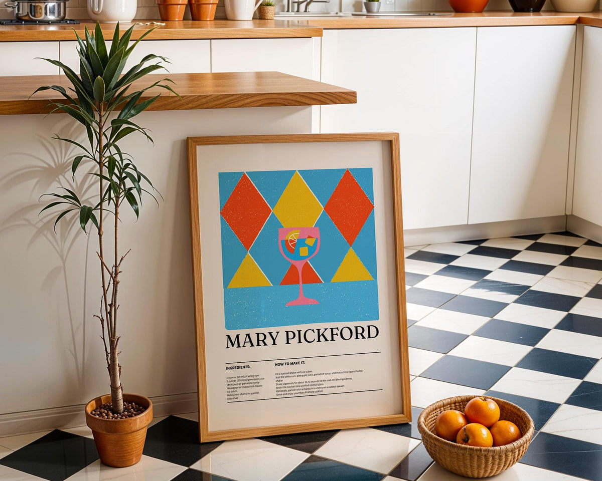 Pictures for Kitchen leaning print of a Mary Pickford cocktail with a blue background and geometric shapes on a tiled floor