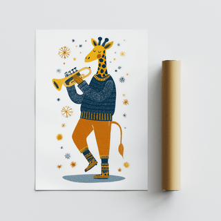 Giraffe Music Art Print with a giraffe playing a trumpet in orange and blue tones beside a packaging tube