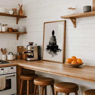 Spiritual Poster leaning on a kitchen counter with a bowl of oranges nearby