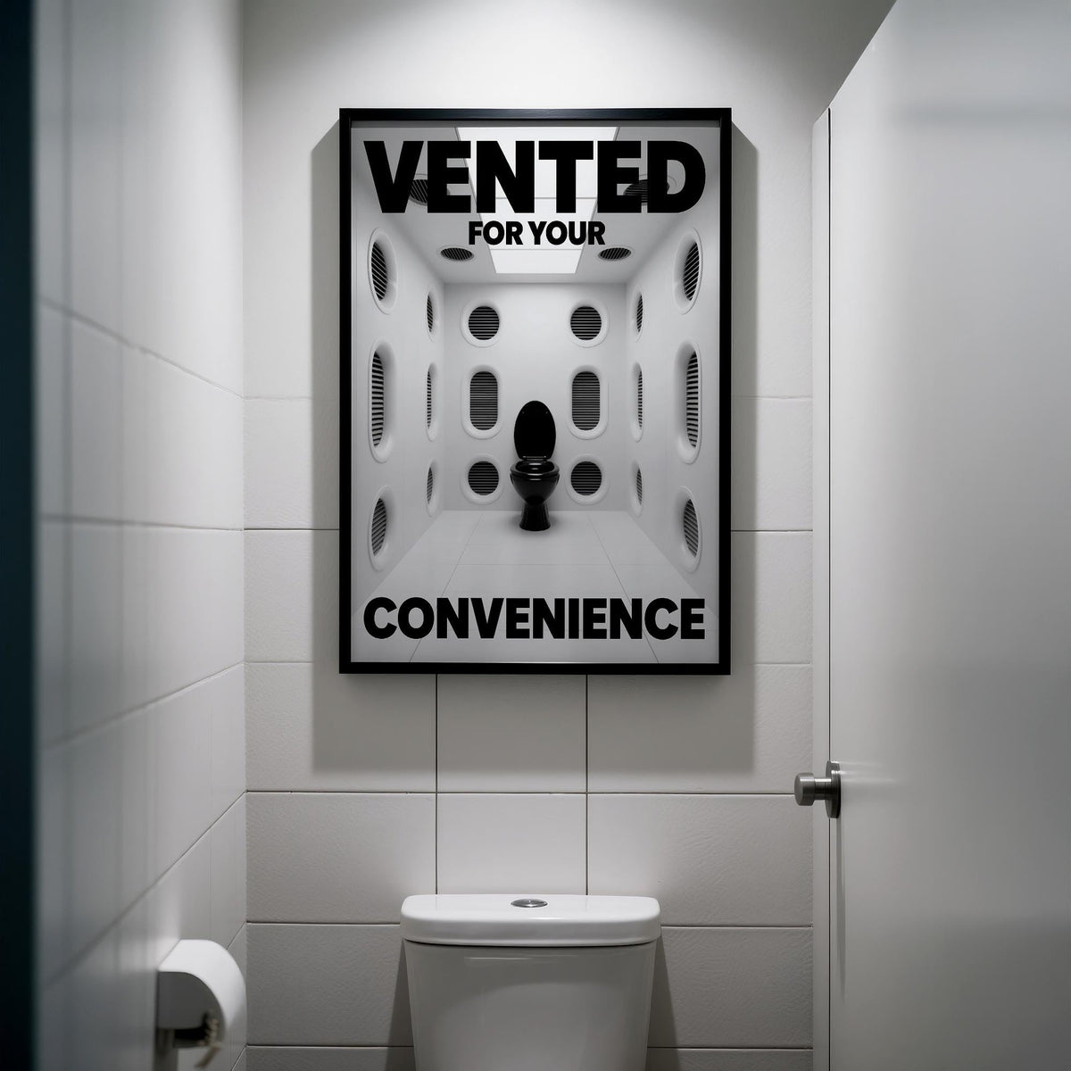 Funny Toilet Sign print in a black frame above a white toilet in a tiled bathroom