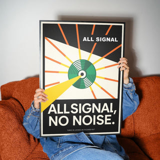 Vinyl Record Poster held in hands showing signal radar design with orange, green, and yellow colours