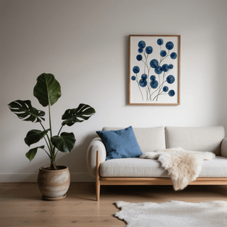 Watercolor Flower wall art with blue botanical flowers in a minimalist living room near a large green plant