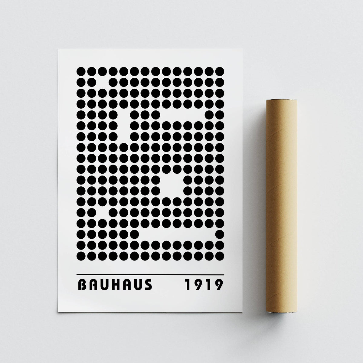 Rolled print and Bauhaus Prints art of black dot pattern with text on white background