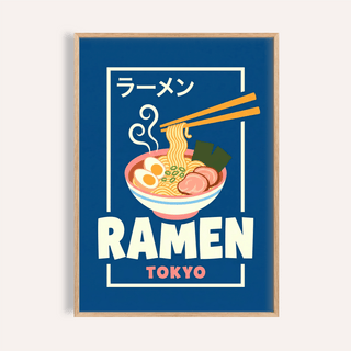 Framed Ramen Poster of a bowl of ramen with chopsticks and a blue background