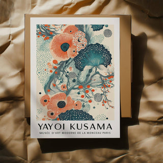 Abstract Floral Poster laid flat showing stylized flowers in teal and orange on cream background with packaging box