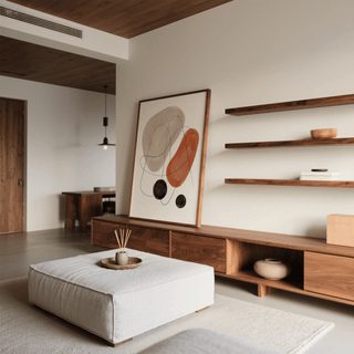 Print leaning on console showing abstract shapes in neutral and red tones in a living room