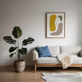 Modern Abstract Wall Art with organic shapes in mustard, green and grey above a sofa with a blue cushion