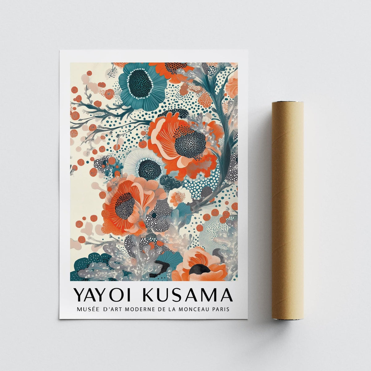 Teal and Orange wall art print with stylised blooms and text next to a brown packaging tube