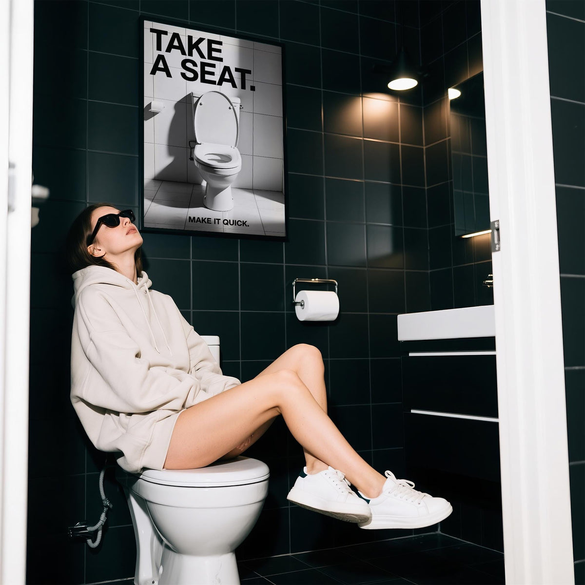Minimalist tile bathroom wall with funny bathroom art print.