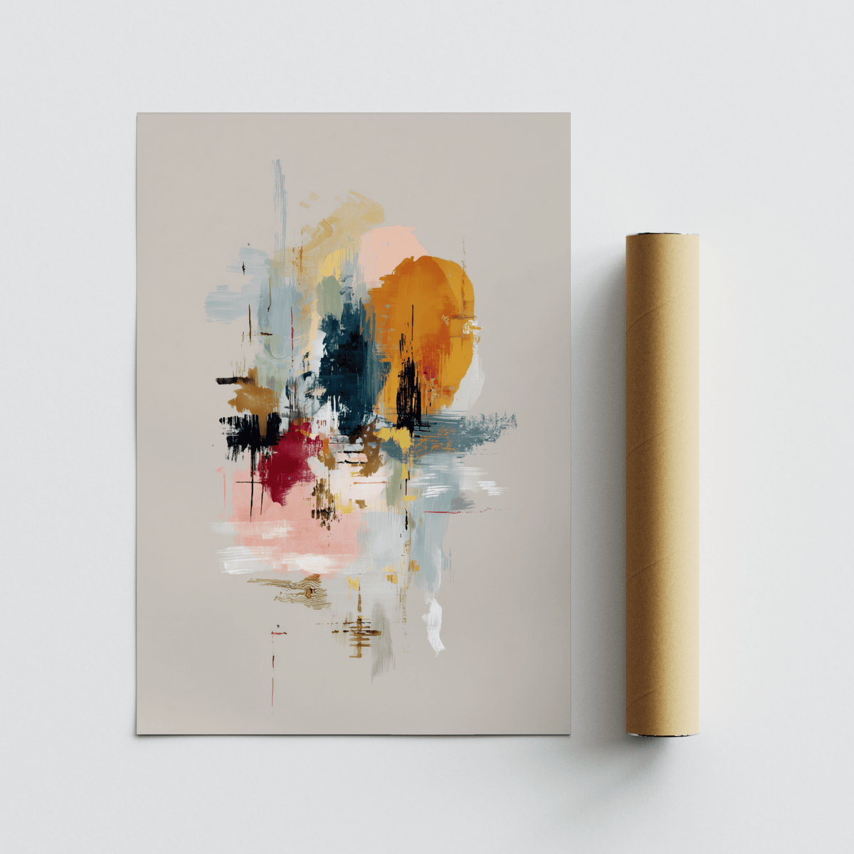 Rolled print with packaging tube beside abstract wall art featuring colourful shapes on a pale background