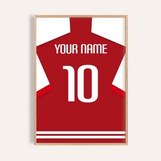 Football Shirt Poster in Red with White Sleeves showing red shirt with number 10 framed in light wood