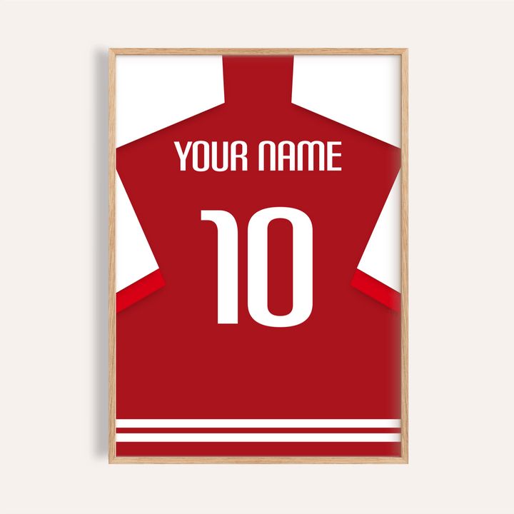 Football Shirt Poster in Red with White Sleeves showing red shirt with number 10 framed in light wood