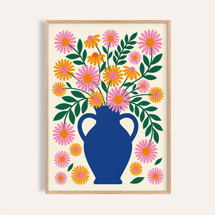 Framed vase art print with blue vase and pink and orange flowers in minimalist style