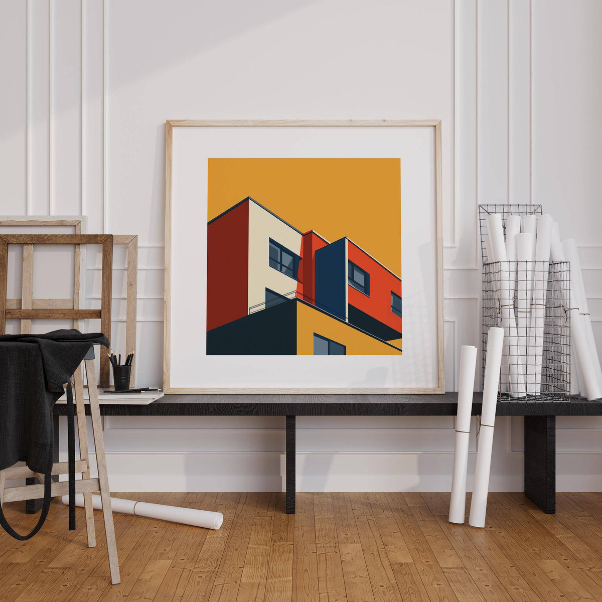 Bauhaus Architecture Print leaning on a black shelf with rolled white papers nearby
