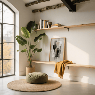 Large Wabi Sabi Print leaning on a wooden bench with a mustard throw and a tall leafy plant nearby