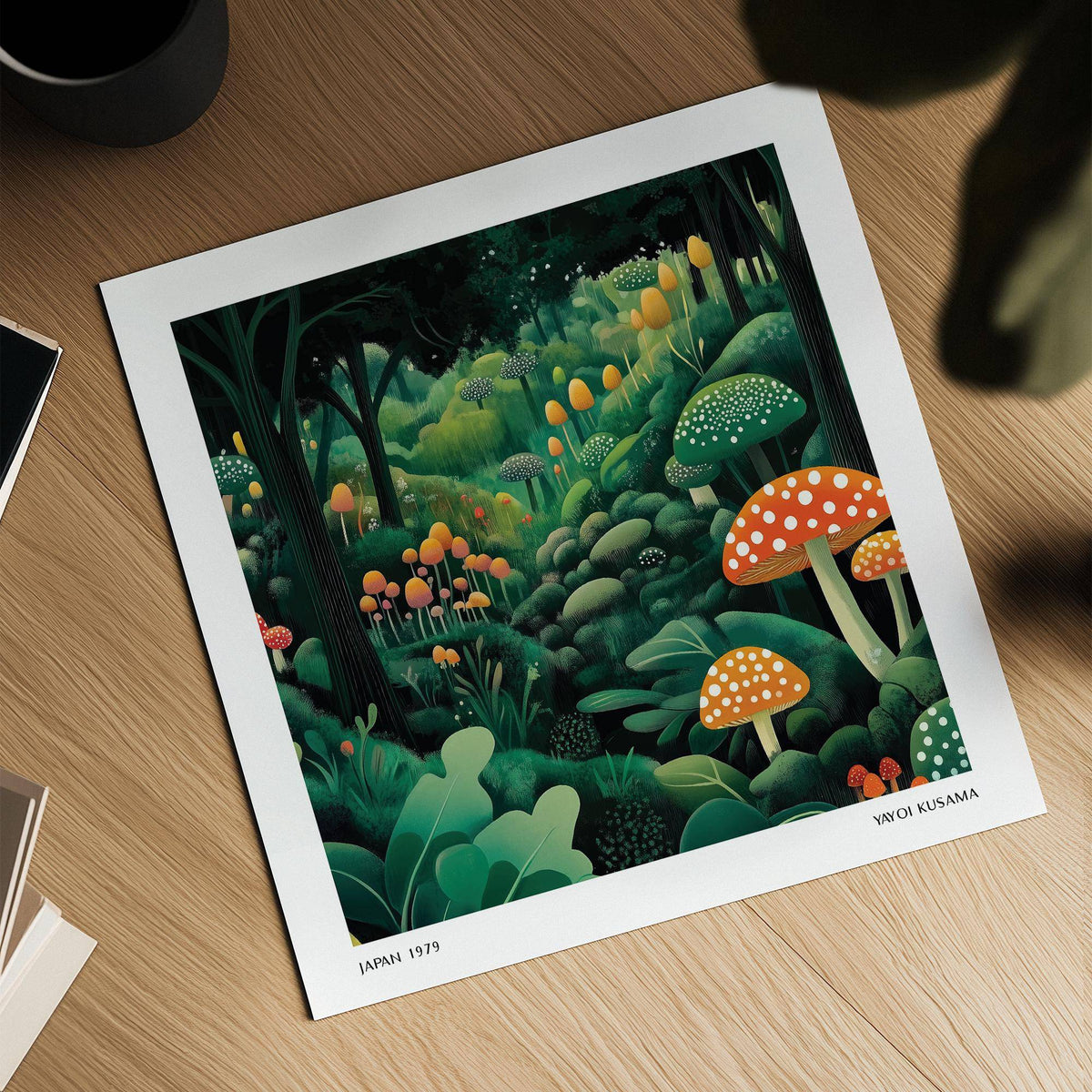 Enchanted Forest wall art print showing colourful mushrooms with green foliage on a wooden surface