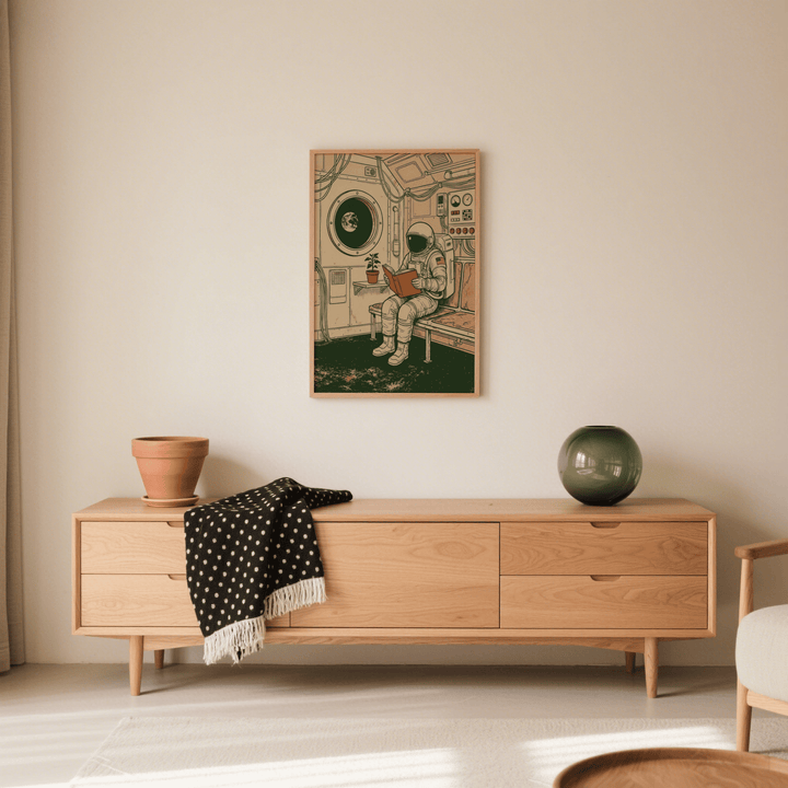 Reading Astronaut Poster hung above a wooden sideboard with a pot and a glass vase in a minimalist room