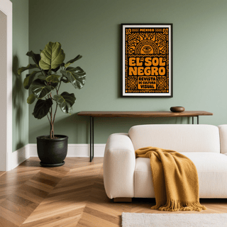 Framed Mexican Culture Art Print with a sun and eye symbol in black and orange hanging above a wooden console