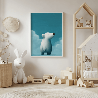 Cute polar bear print in white frame above children's toys and a white soft bunny