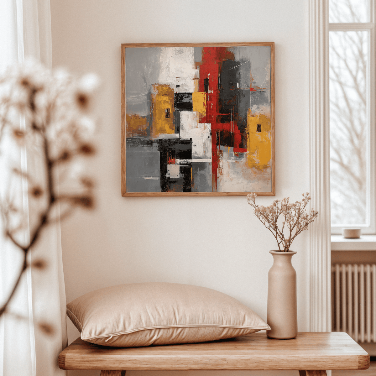 Red and Yellow Abstract Poster framed print on a wall above a table with a vase and cushion in a bright room