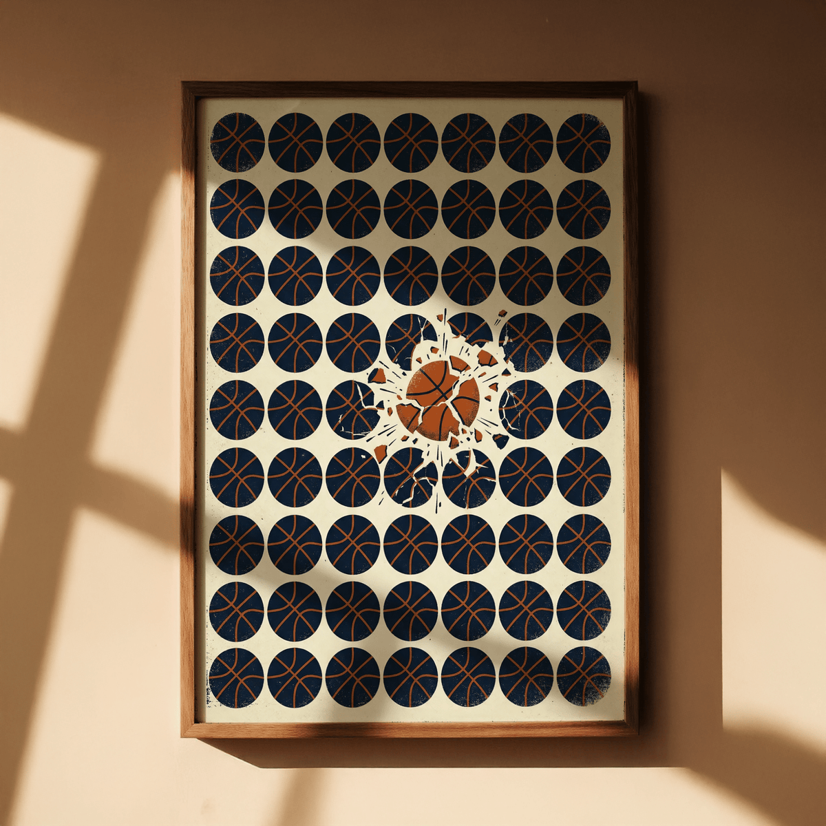 Framed Basketball Burst Art Print with minimalist circles pattern partly in shadow