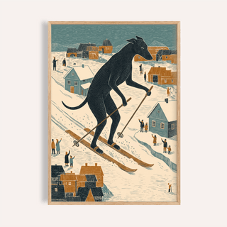 Framed Skiing Dog Art Print showing a black dog skiing over a snowy village in folk-art style