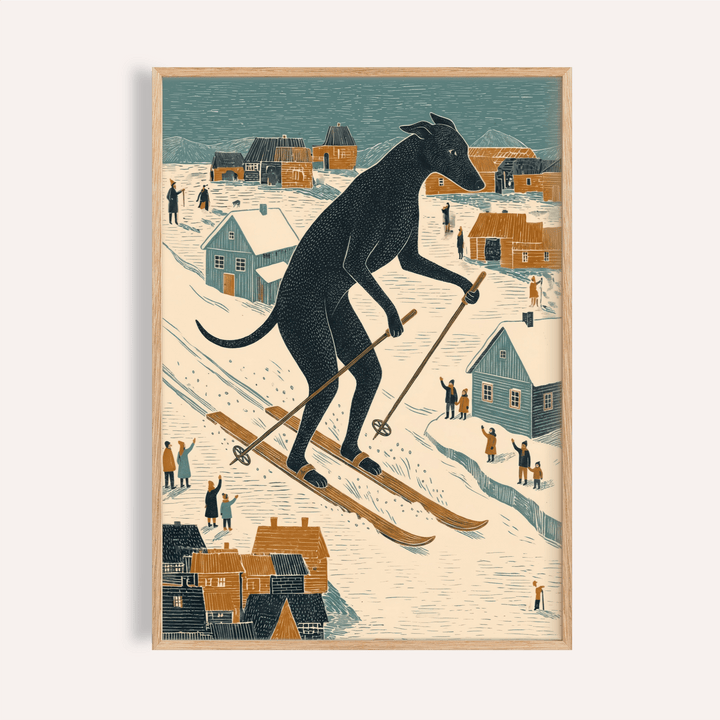 Framed Skiing Dog Art Print showing a black dog skiing over a snowy village in folk-art style