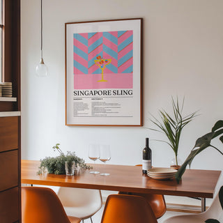 Drinks Art framed print close-up of singapore sling cocktail illustration with pink and blue chevron in a dining room