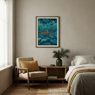 Green and Blue lotus pond wall art print with bridge and cloud-like shapes