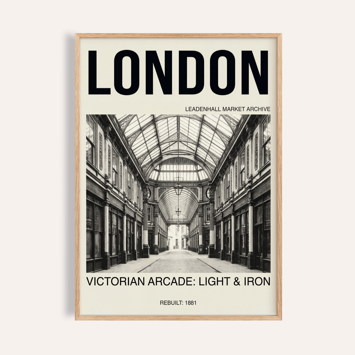 Framed Victorian London Art Print showing a photographic black and white Victorian arcade interior