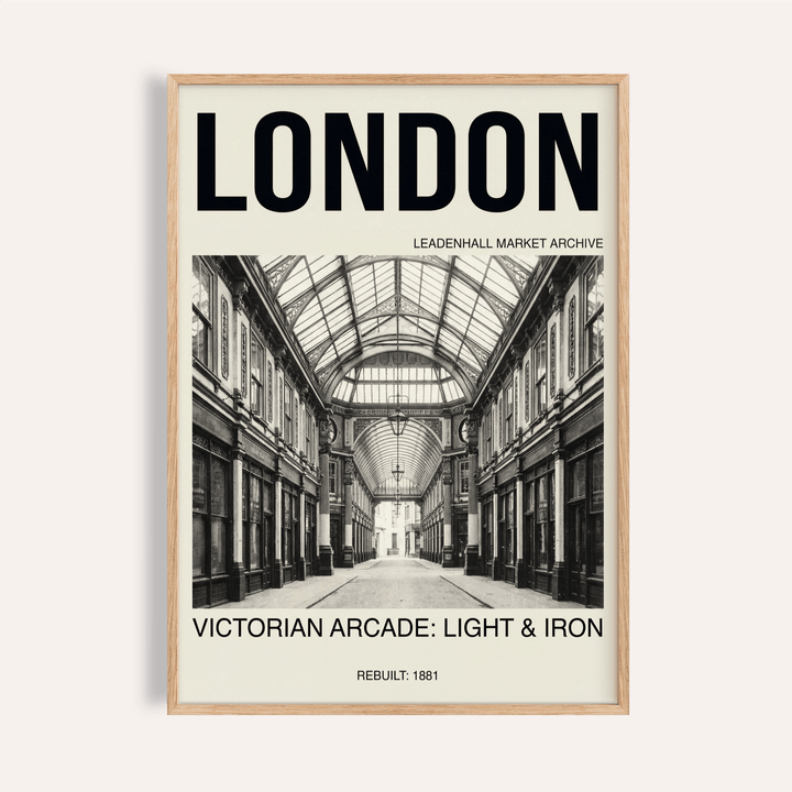 Framed Victorian London Art Print showing a photographic black and white Victorian arcade interior