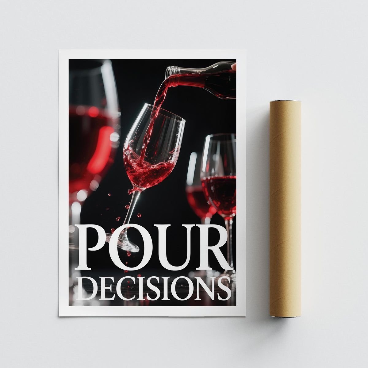 Gift for Wine Lovers print showing red wine being poured into a tilted glass with text and a packaging tube beside it