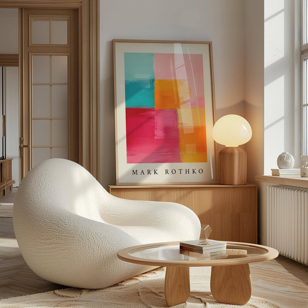 Abstract art with pink and orange blocks leaning on a wooden cabinet with a lamp in a sunlit room
