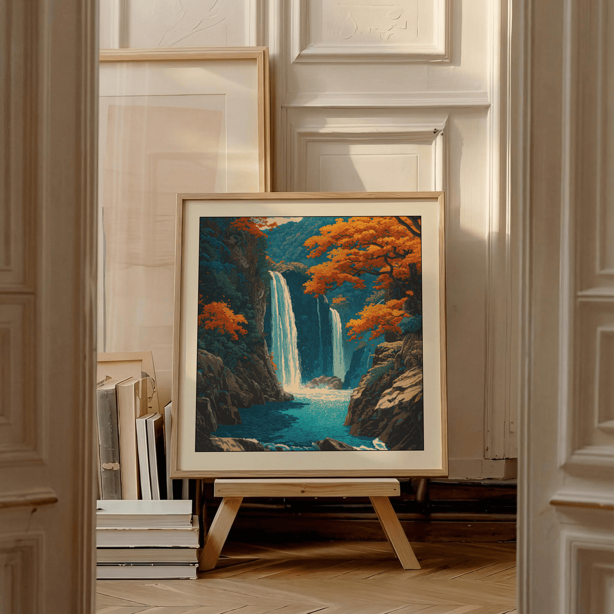 Framed Hasui Kawase Waterfall wall art with blues and oranges leaning on a wooden easel in a room