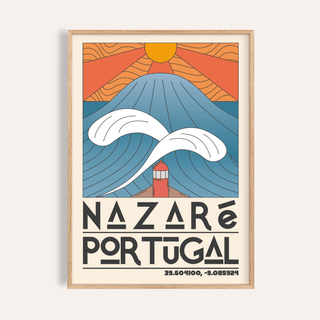 Framed print of Nazare Portugal Art Print showing a large blue wave with orange sun rays and lighthouse below