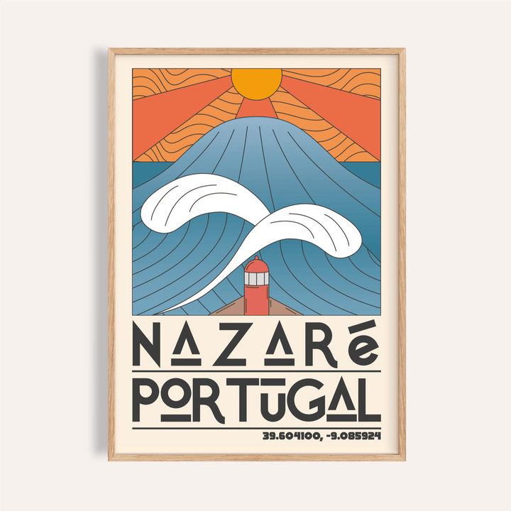 Framed print of Nazare Portugal Art Print showing a large blue wave with orange sun rays and lighthouse below