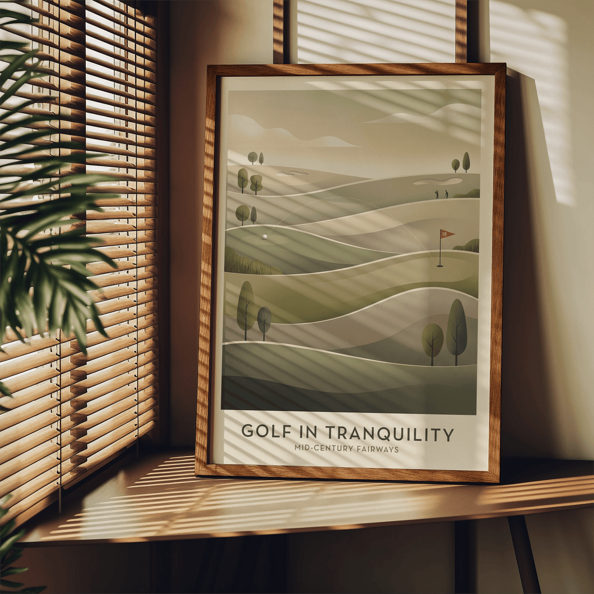 Mid-century Golf Art framed print close-up with muted green and beige minimalist illustration and a wooden frame