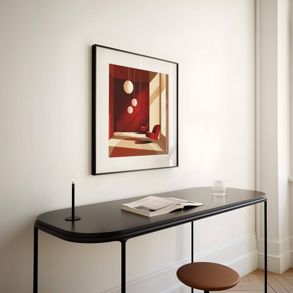 Architectural Interior Art print on wall above black console table with candle and open book