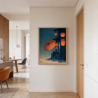 Japanese Night Scene wall art showing red paper lanterns and umbrella in a hallway with wooden door