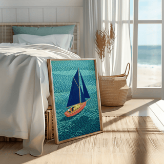 Print leaning on a floor next to a bed showing a sailboat with dark blue sails and a coral hull