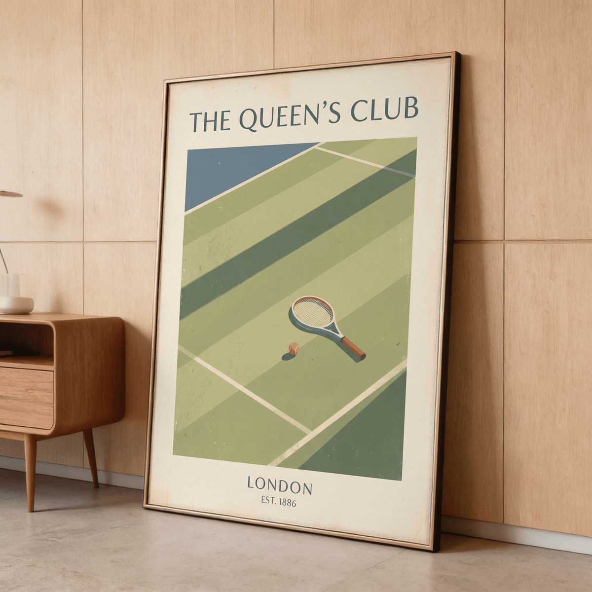 Framed Tennis Wall Art illustration of a tennis racket and ball on a green court leaning against a wooden wall