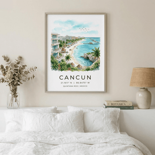 Cancun Beach Art Print watercolour illustration of a coastline in soft blues and greens above a bed with cushions