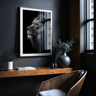 Lion wall art in black and white profile above a wooden shelf with a large grey vase in a dark room