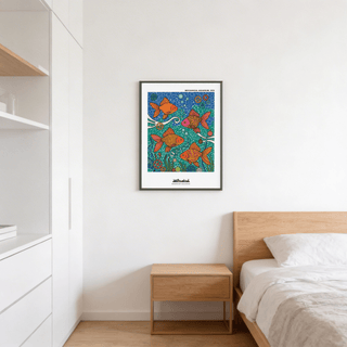 Fish poster on a bedroom wall showing goldfish with blue and green pop-art background above a wooden bedside table