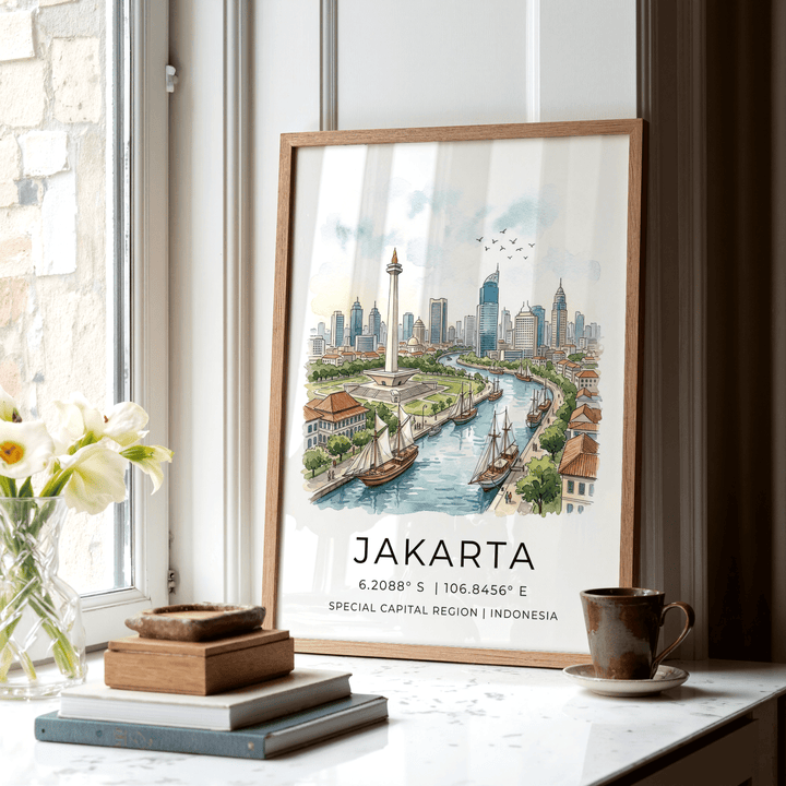 Print leaning on a shelf of Jakarta City Art Print showing skyline and river in watercolour style with books nearby