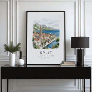 Split Dalmatia art print of a palm tree harbour scene in watercolour above black console with lamp