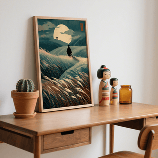Japanese Landscape Art print leaning on a wooden desk with a cactus and dolls nearby
