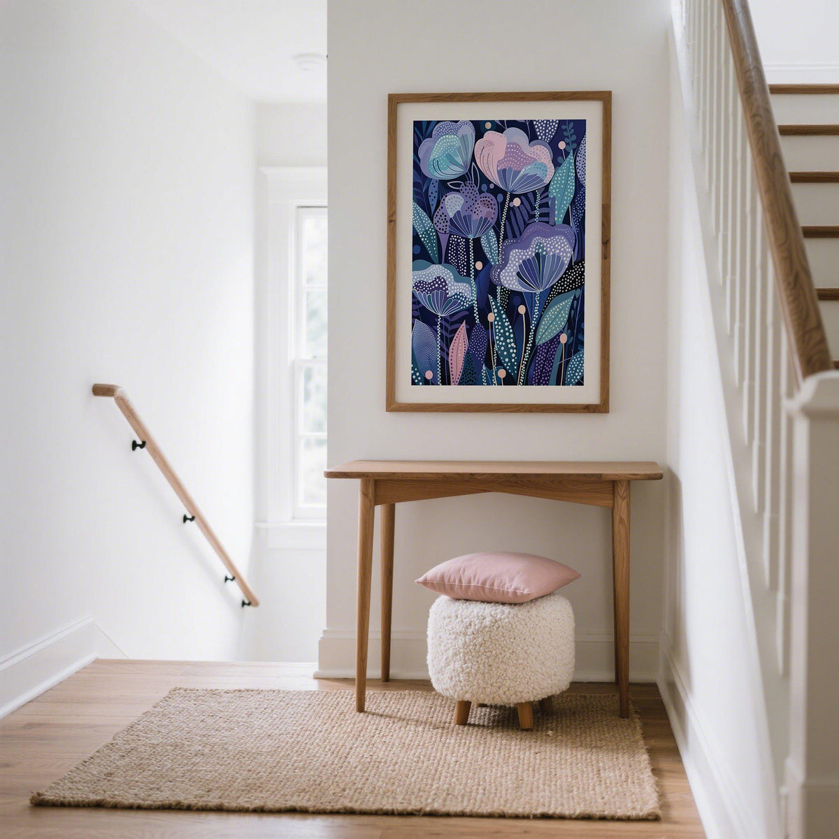 Purple flower poster with abstract purple and blue blooms above a wooden console table